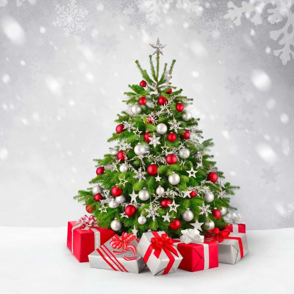 Decorated Christmas tree with wrapped presents around it