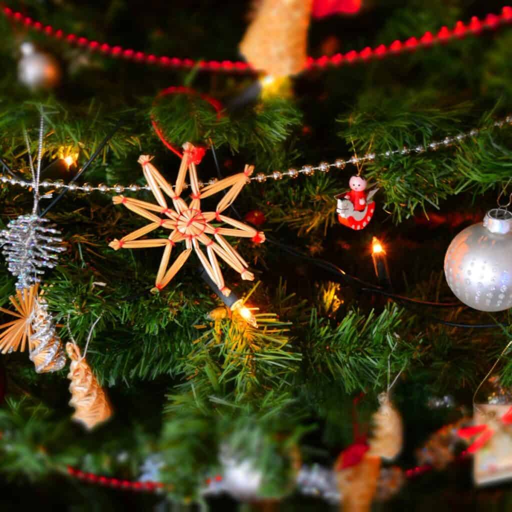 Close up of Christmas holiday decorations hanging from a tree