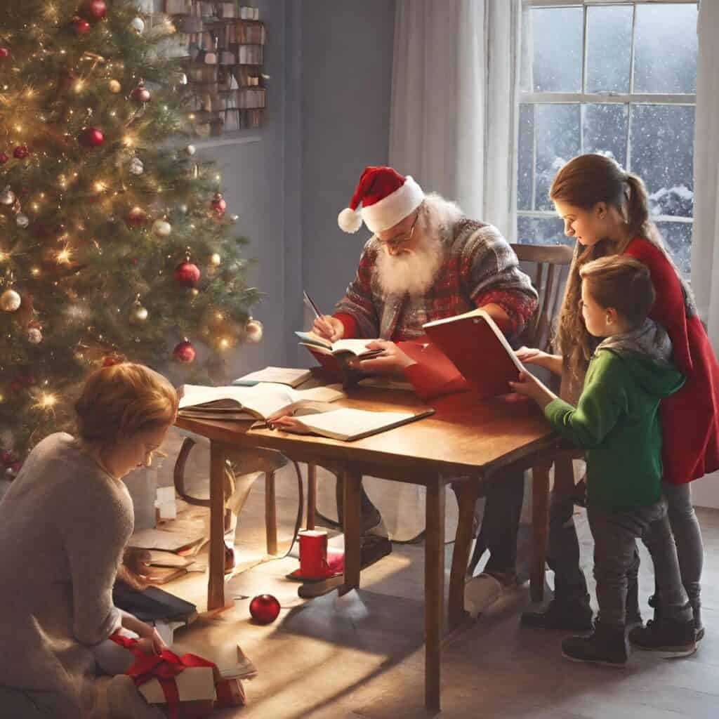 Santa clause doing school work surrounded by a mom and her child, and an older child sitting by the tree with a present