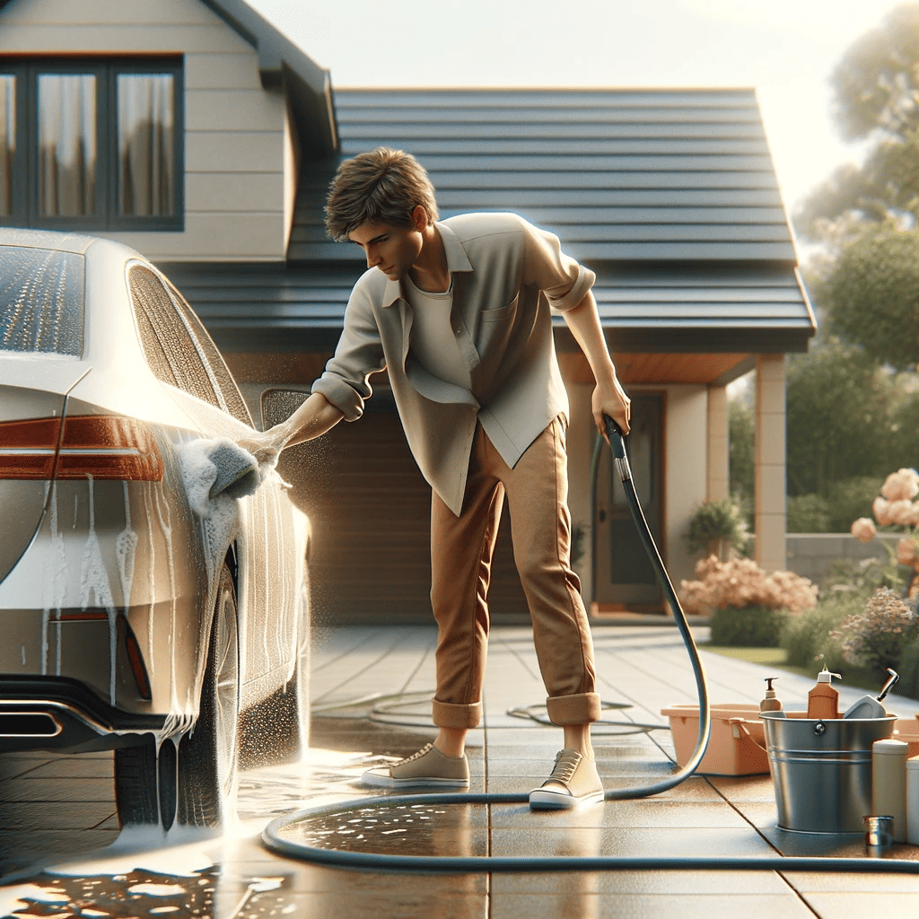 Man washing a car in the driveway