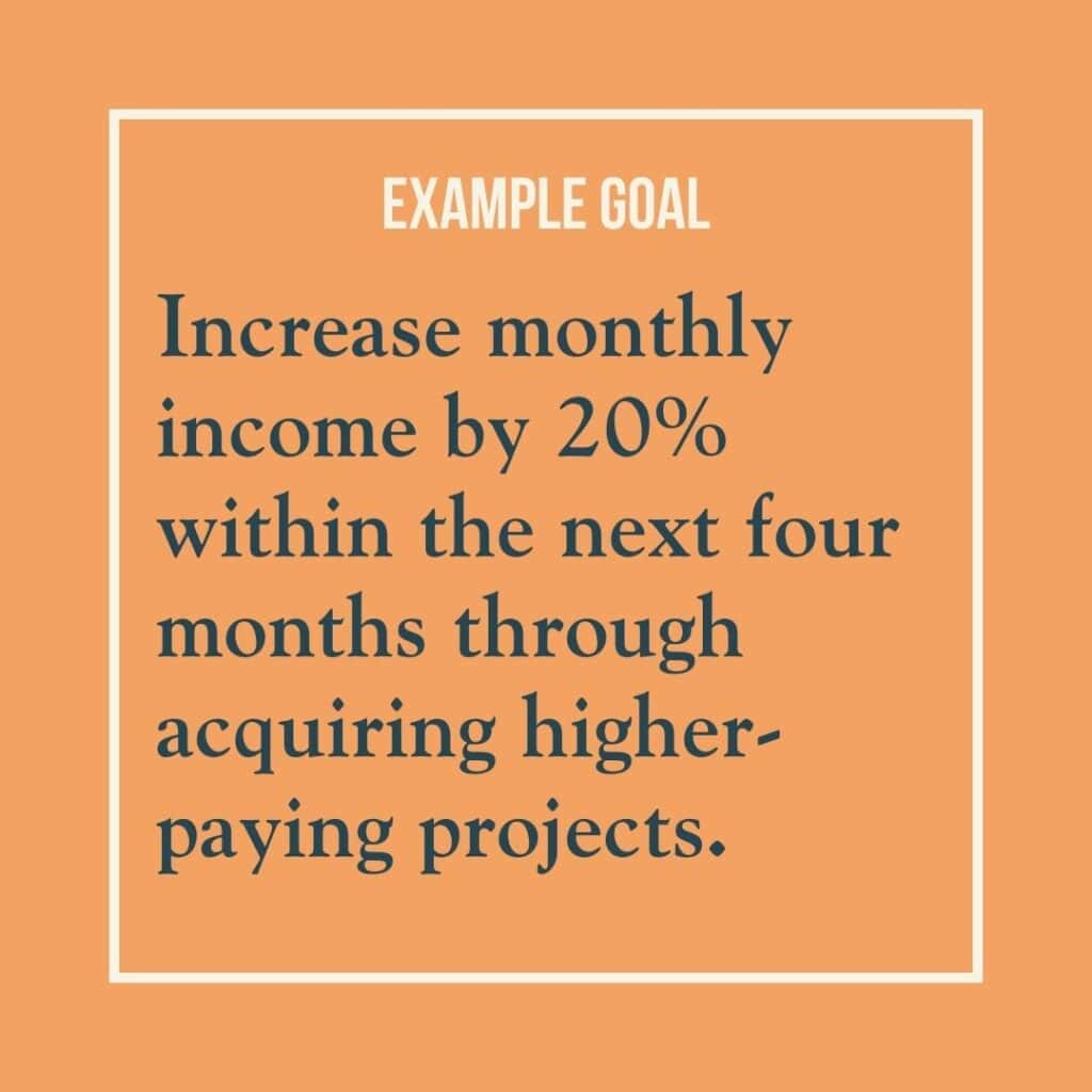 Goal Example reads: Increase monthly income by 20% within the next four months through acquiring higher-paying projects.