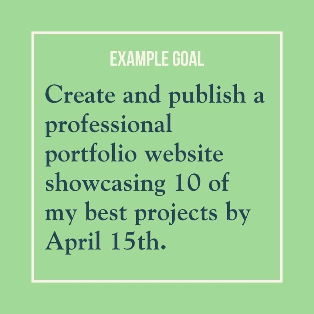 Goal example reads: Create and publish a professional portfolio website showcasing 10 of my best projects by April 15th.