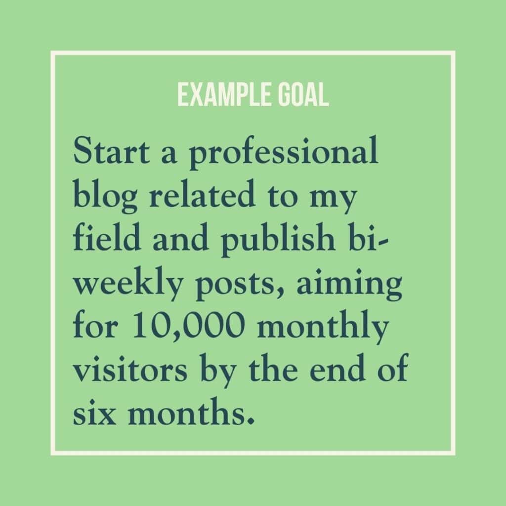 Goal example reads: Start a professional blog related to my field and publish bi-weekly posts, aiming for 1000 monthly visitors by the end of six months.