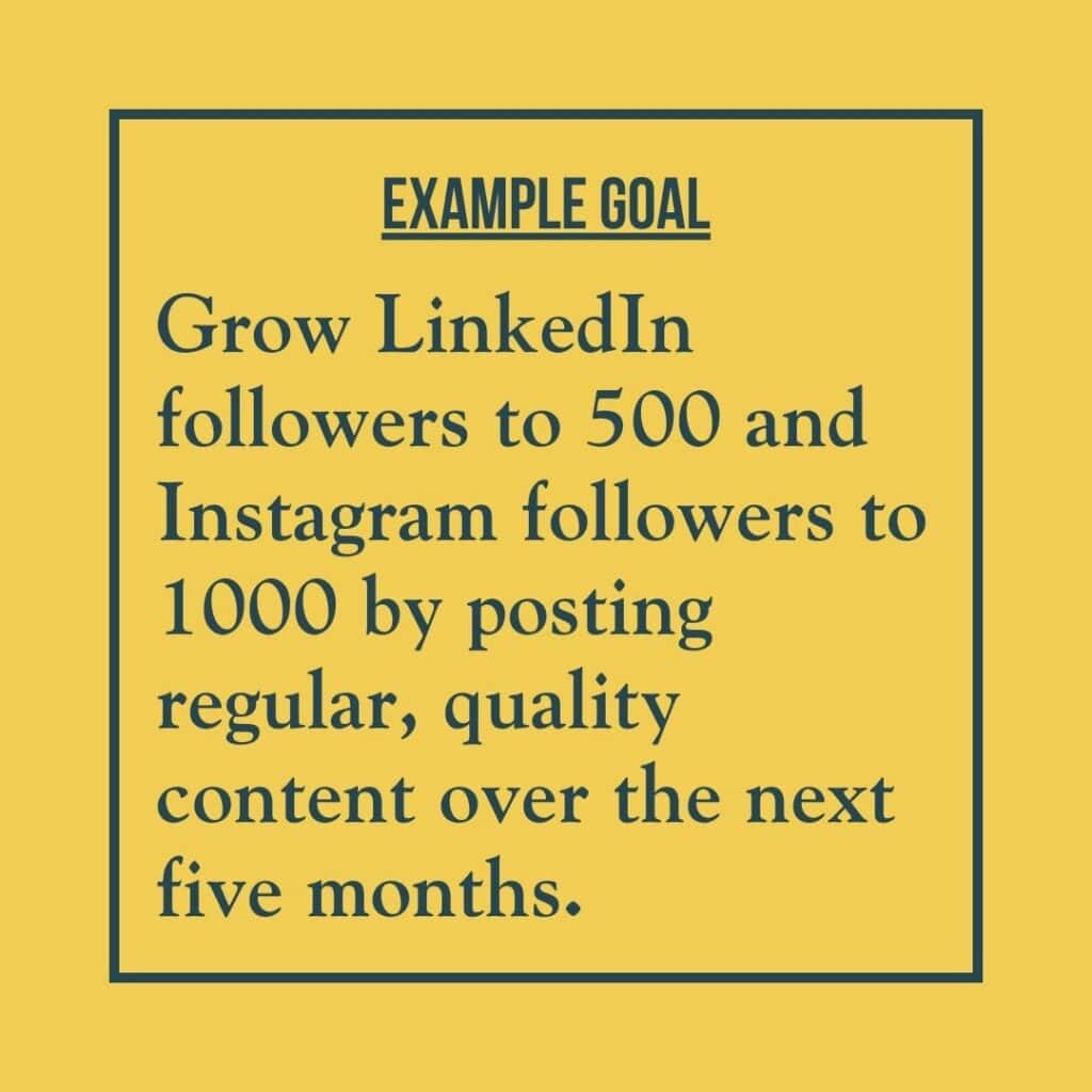 Goal example reads: Grow LinkedIn followers to 500 and Instagram followers to 1000 by posting regular, quality content over the next five months.