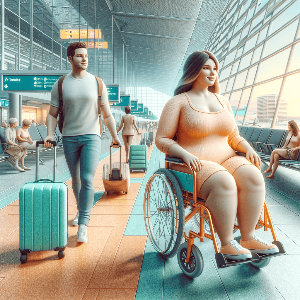 A woman in the airport in a wheel chair, her partner is bringing their luggage.