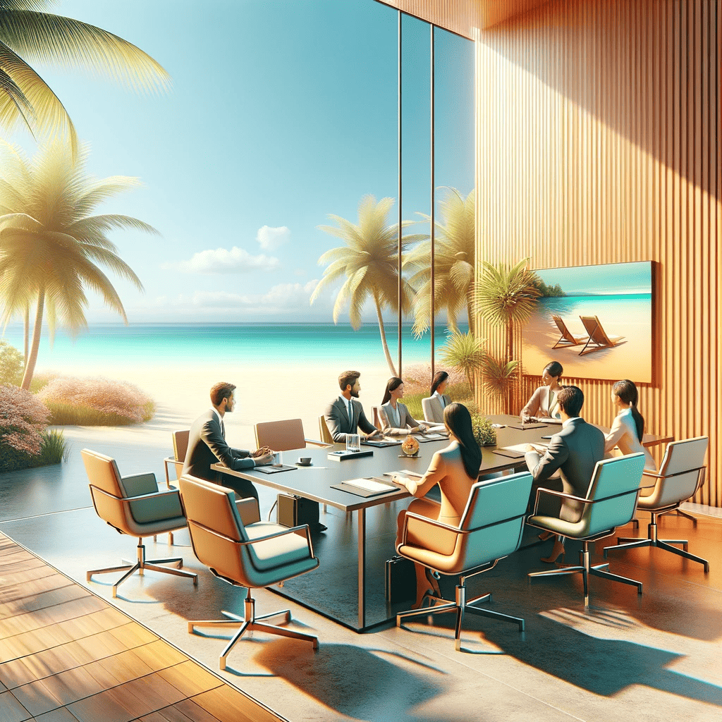 A corporate business meeting at the beach