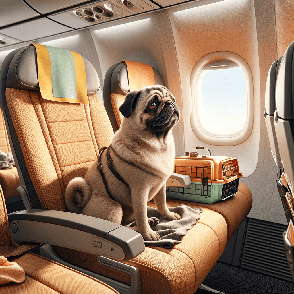A pug on an airplane. He's super cute but for some reason he's much larger than his kennel, he also appears to be traveling alone.