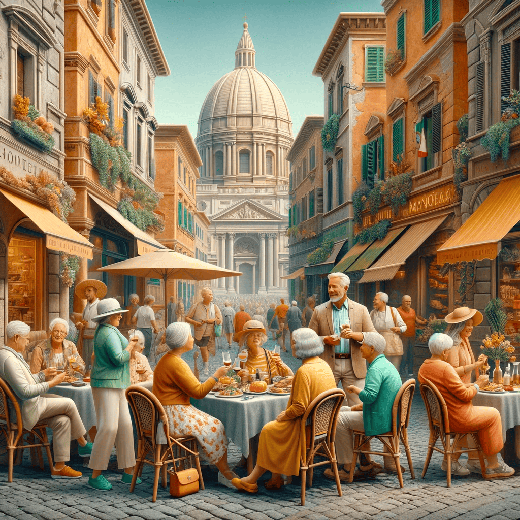 A group of senior citizens on a travel outing in Italy.