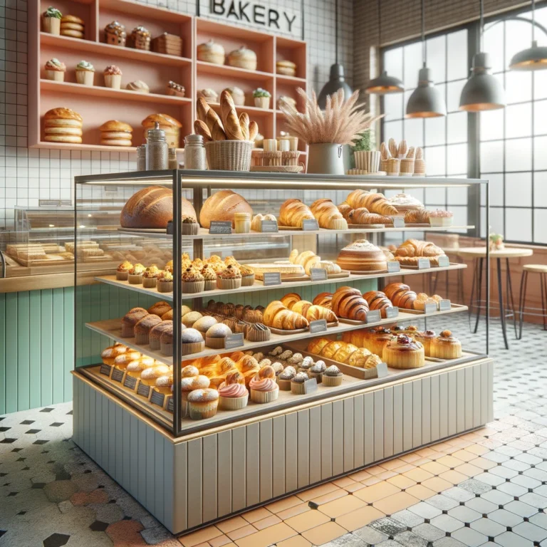 Cover image for baking business ideas blog post - features a well-stocked baking display cabinet in a bakery