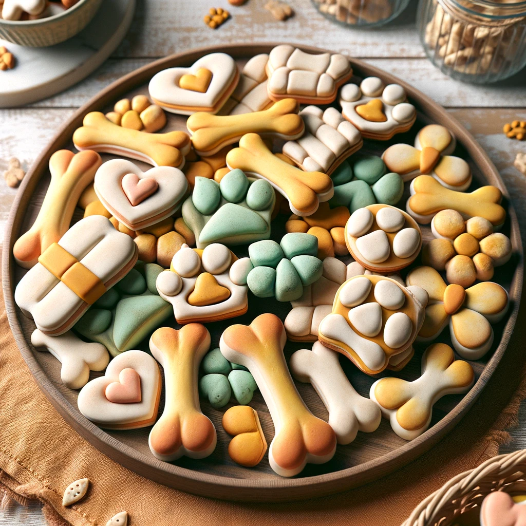 A plate of colorful, freshly baked dog cookies.
