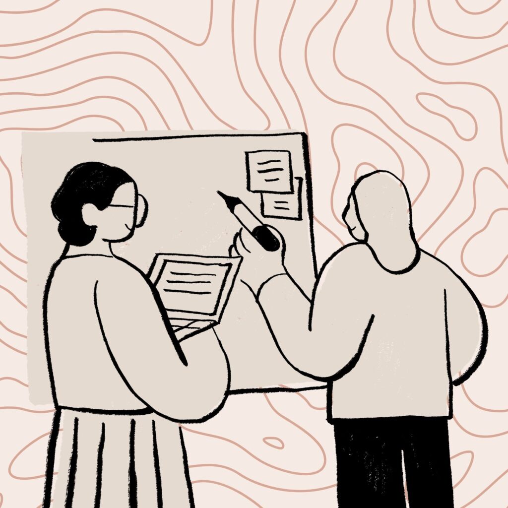 A graphic of two people standing in front of a board