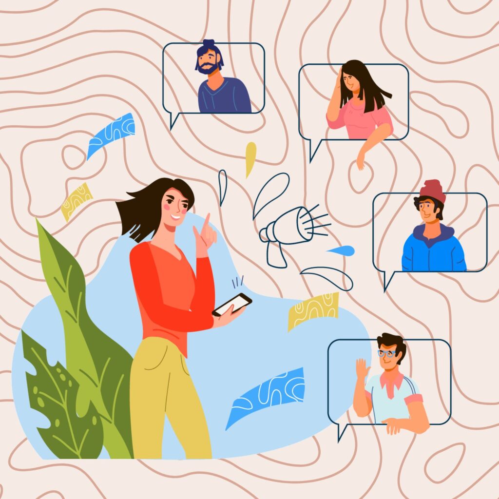 A woman with referrals in bubbles around her
