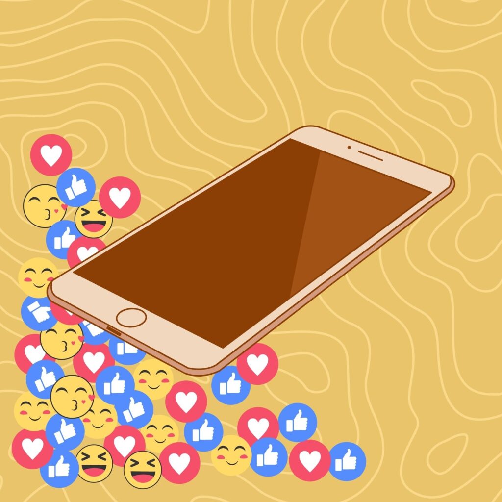 A graphic of a phone with social media interactions underneath it
