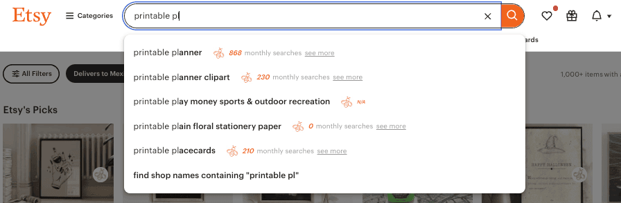 A search screenshot from Etsy. Features "printable pl" in the search bar.