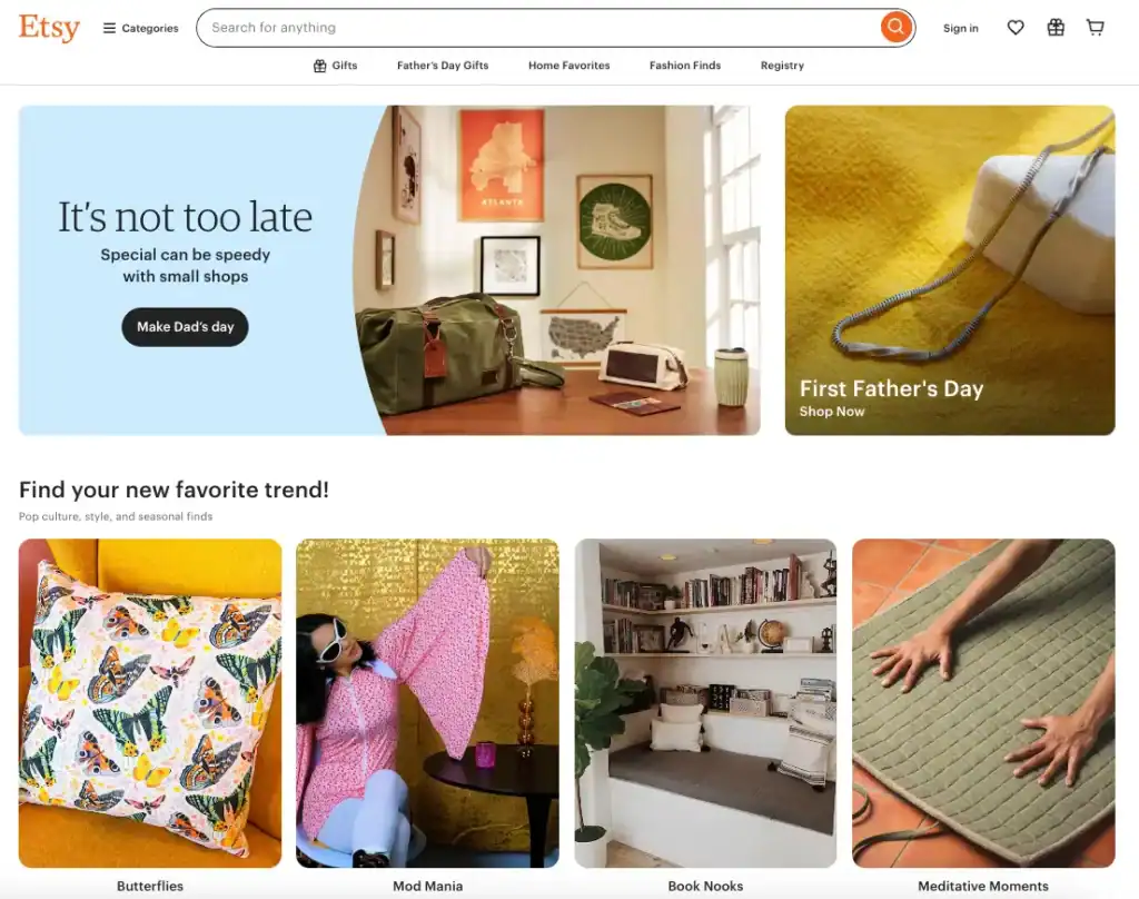 A screenshot of the front page of Etsy. Taken on June 5, 2025, by Tae at TheFreelanceHustle.com.