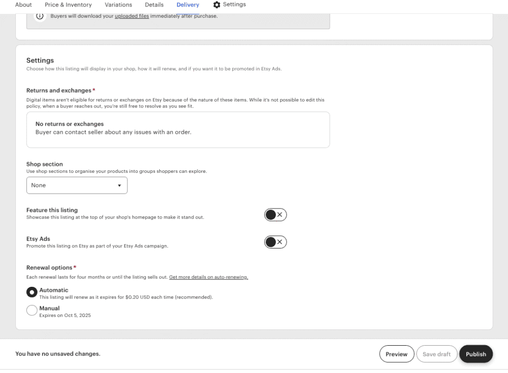 Backend of a listing creation on Etsy