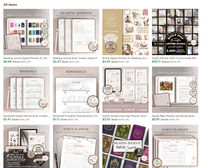 A screenshot of products in an Etsy Shop.
