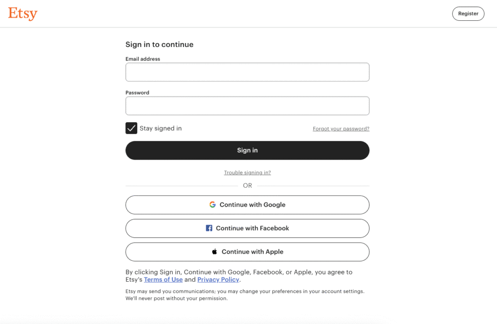 The signup for Etsy.